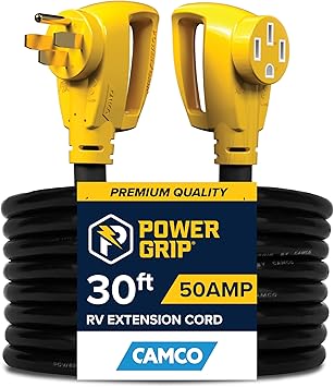 Camco Power Grip 30-Ft 50-Amp Camper/RV Extension Cord - Features Copper 6/3 + 8/1-Gauge Wires for Superior Conductivity - Rated for 125/250 V/12, 500 W - Coated w/Heat-Resilient PVC (55195)