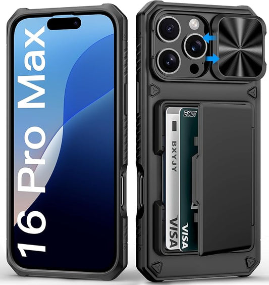 for iPhone 16 Pro Max Case Wallet, Built-in Card Holder (4-5 Cards), Slide Lens Cover, Military Drop Protection, Rugged Heavy Duty Men Women Protective Phone Case for iPhone 16 Pro Max, Black