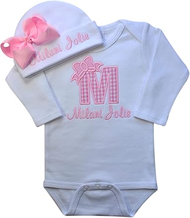 Baby Girl Embroidered INITIAL Bodysuit and MATCHING Grosgrain Bow Hat Personalized with Your Custom Name