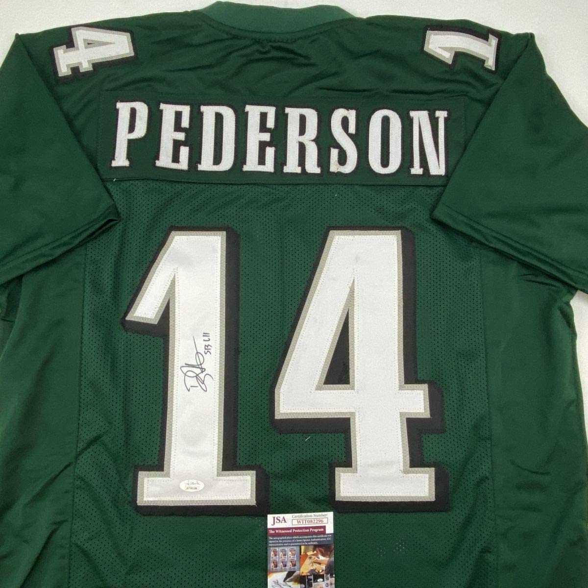 Autographed/Signed Doug Pederson SB LII Philadelphia Green Football Jersey JSA COA