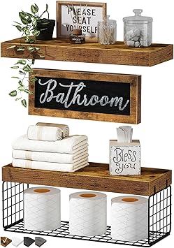 QEEIG Š—_Bathroom Shelves Over Toilet - Paper Storage Wall Mounted Farmhouse Decor Decorations Aesthetic D’©cor Sign Small Floating Wall Shelf 2+1 Set 16 inch, Rustic Brown (020BN)