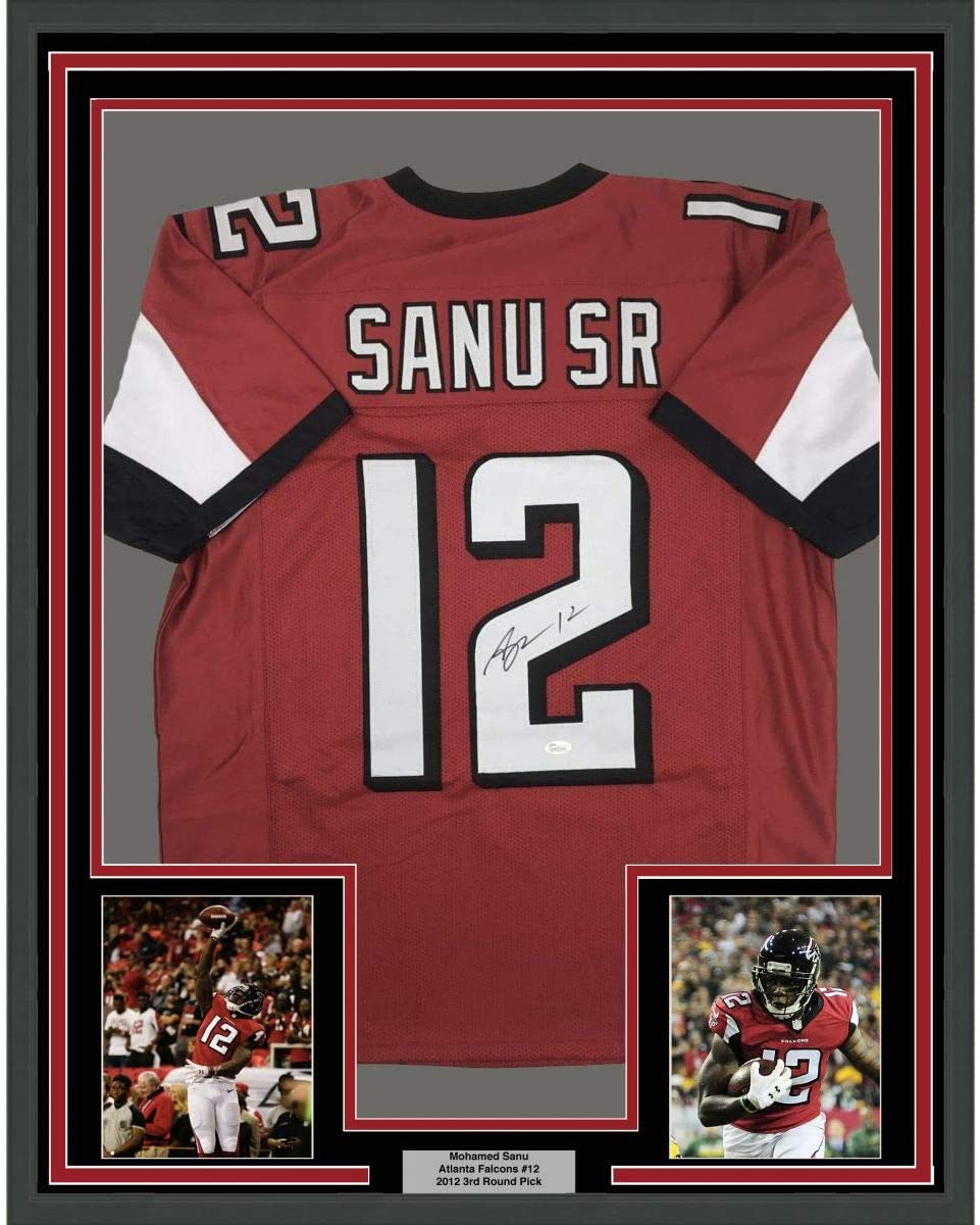Framed Autographed/Signed Mohamed Sanu Sr 35x39 Atlanta Red Football Jersey JSA COA