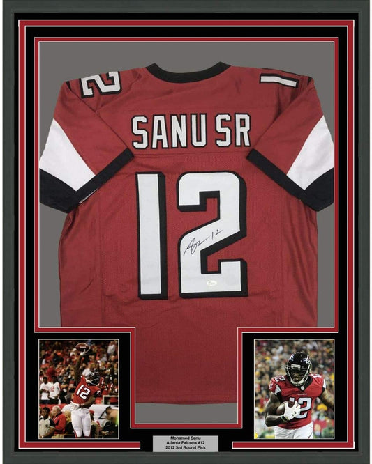 Framed Autographed/Signed Mohamed Sanu Sr 35x39 Atlanta Red Football Jersey JSA COA