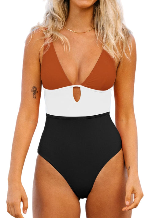 CUPSHE Women's One Piece Swimsuit Color Block Keyhole Cutout Bathing Suit M, Brick Red
