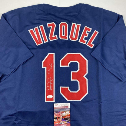 Autographed/Signed Omar Vizquel 11x GG Cleveland Blue Baseball Jersey JSA COA