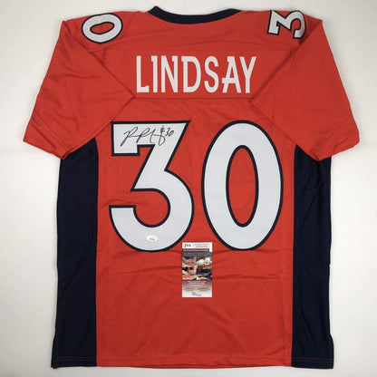 Autographed/Signed Phillip Lindsay Denver Orange Football Jersey JSA COA