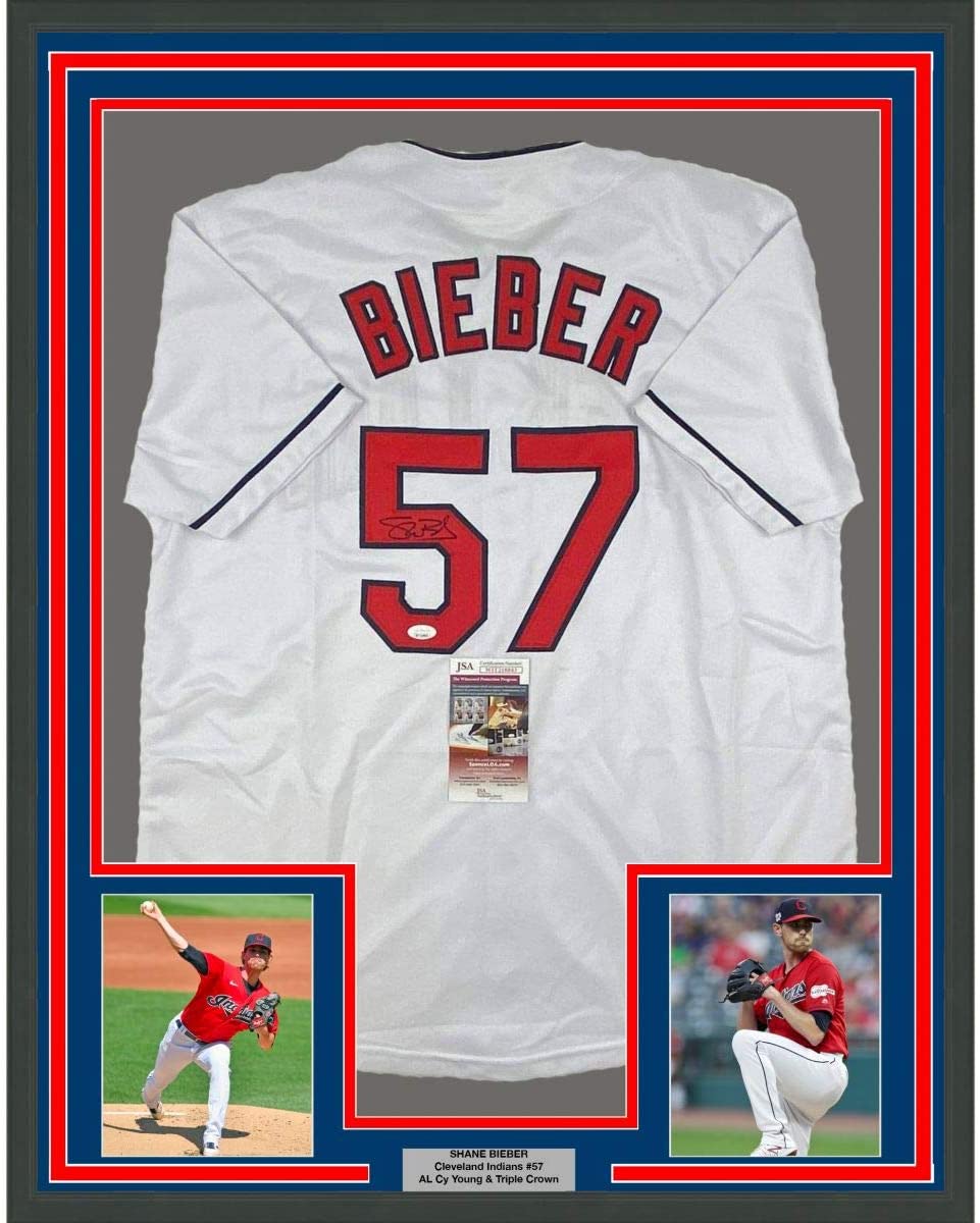 Framed Autographed/Signed Shane Bieber 35x39 Cleveland White Baseball Jersey JSA COA