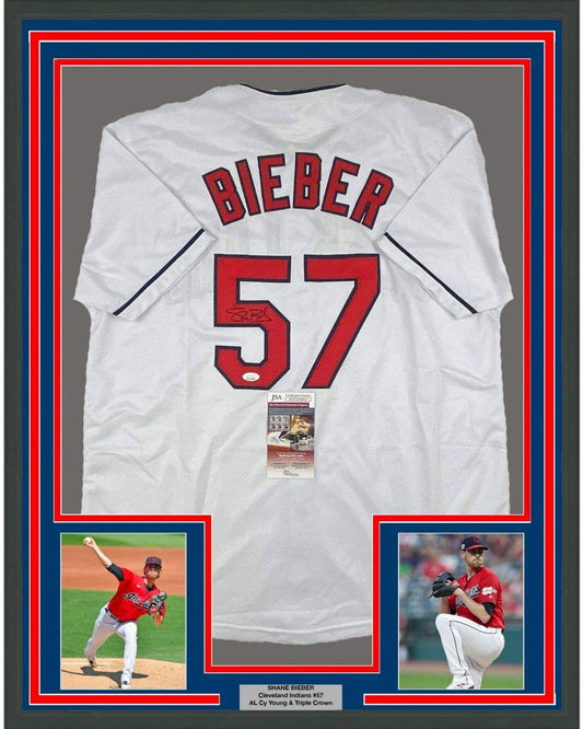 Framed Autographed/Signed Shane Bieber 35x39 Cleveland White Baseball Jersey JSA COA