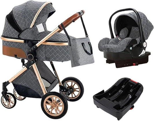 3 in 1 Baby Stroller with Car Seater and Base, Portable Travel System Folding Prams Aluminum Frame High Landscape Baby Carriage, Grey