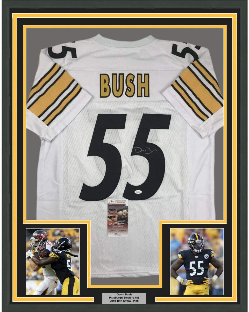 Framed Autographed/Signed Devin Bush 35x39 Pittsburgh White Football Jersey JSA COA