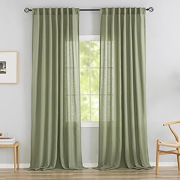 Sage/Light Green Linen Back Tab Curtains 96 Inches Long 2 Panels Set for Modern Farmhouse - Hooks Belt Pleated Easy Sliding Semi Privacy Thick Decorative Drapes Rod Pocket Light Filtering Curtains
