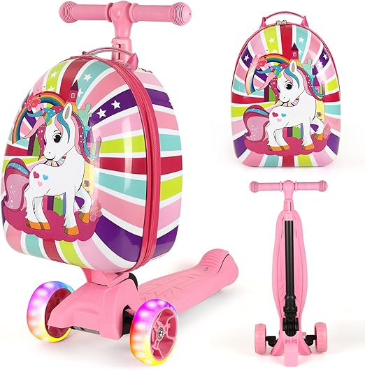 3 in 1 Kids Scooter Suitcase - 3D Hardshell Ride On Kids Luggage, Kids Carry On Luggage & Scooter with LED Lights, Removable, Retractable Handle, Birthday Gifts for Boys Girls«__New Unicorn Pink«__