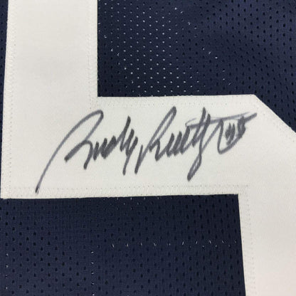 Autographed/Signed Rudy Ruettiger Notre Dame Blue Stat College Football Jersey JSA COA
