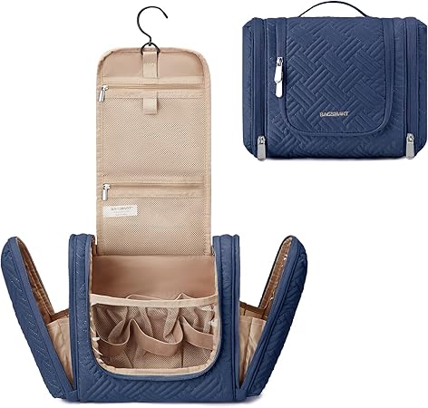 BAGSMART Travel Toiletry Bag for Women, Hanging Toiletry Bag with Hook, Travel Cosmetic Makeup Bag Travel Organizer for Accessories, Shampoo, Full Sized Container, Toiletries, Navy-Medium