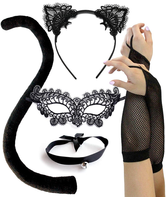 Black Cat Costume, Masquerade Mask, Lace Ears, Gloves, Tail, Choker Necklace