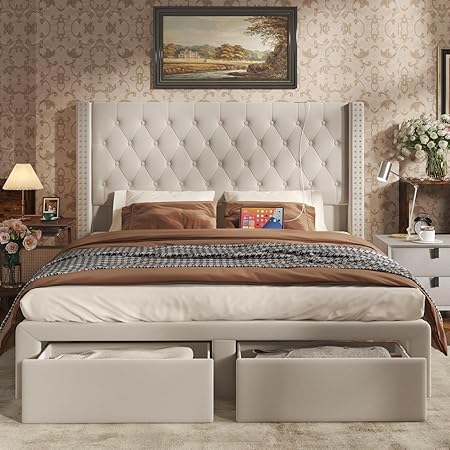 Velvet Upholstered Bed Frame Queen with Headboard and Storage, Tall Bed Frame with 2 Drawers, Tufted Wingback Bed Frame Queen Size LED Light, Charging Station, No Box Spring Needed, Cream