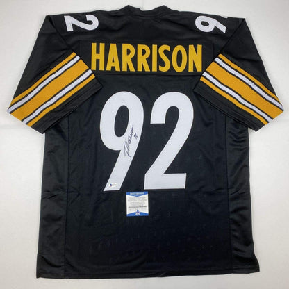 Autographed/Signed James Harrison Pittsburgh Black Football Jersey Beckett BAS COA