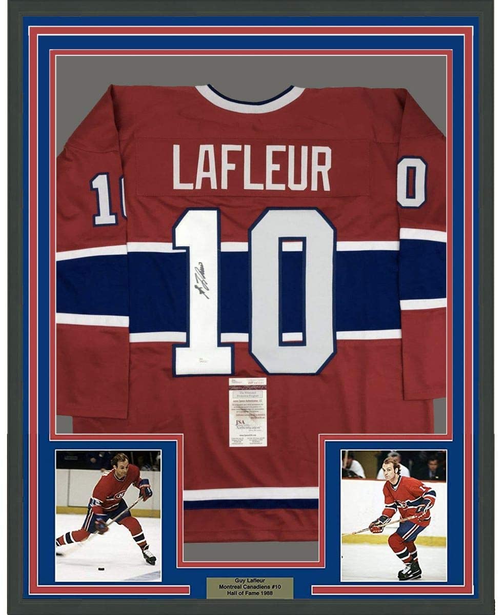Framed Autographed/Signed Guy LaFleur 35x39 Montreal Red Hockey Jersey JSA COA