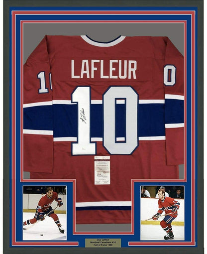 Framed Autographed/Signed Guy LaFleur 35x39 Montreal Red Hockey Jersey JSA COA