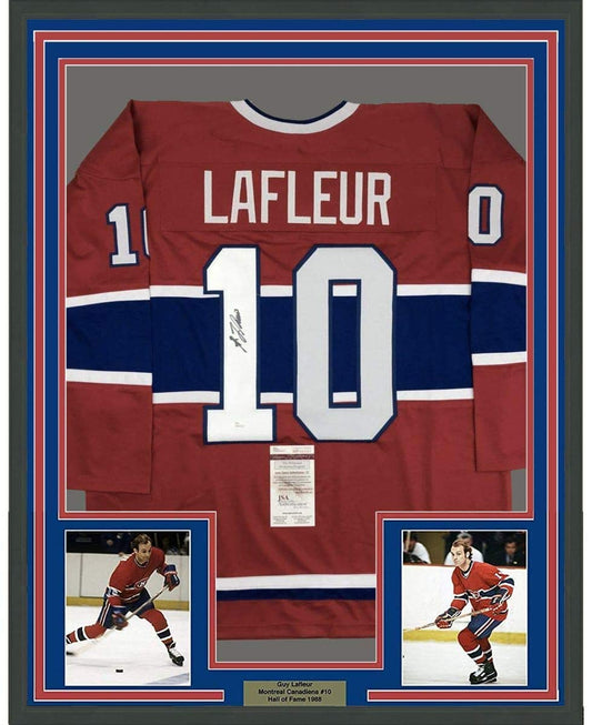 Framed Autographed/Signed Guy LaFleur 35x39 Montreal Red Hockey Jersey JSA COA