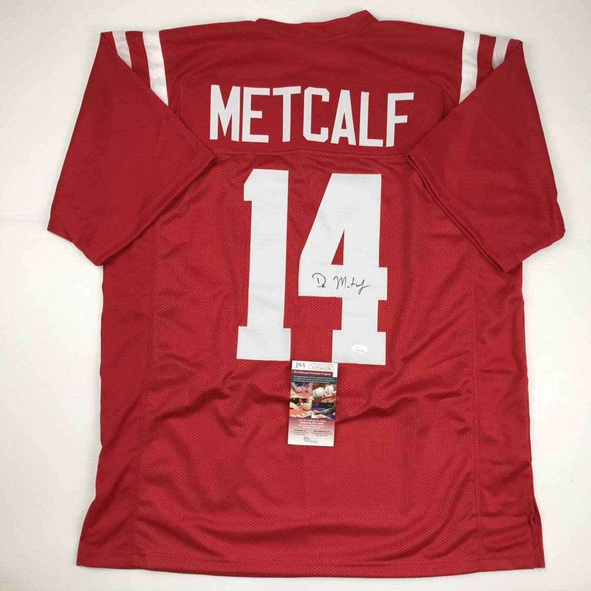 Autographed/Signed DK D.K. Metcalf Ole Miss Red College Football Jersey JSA COA
