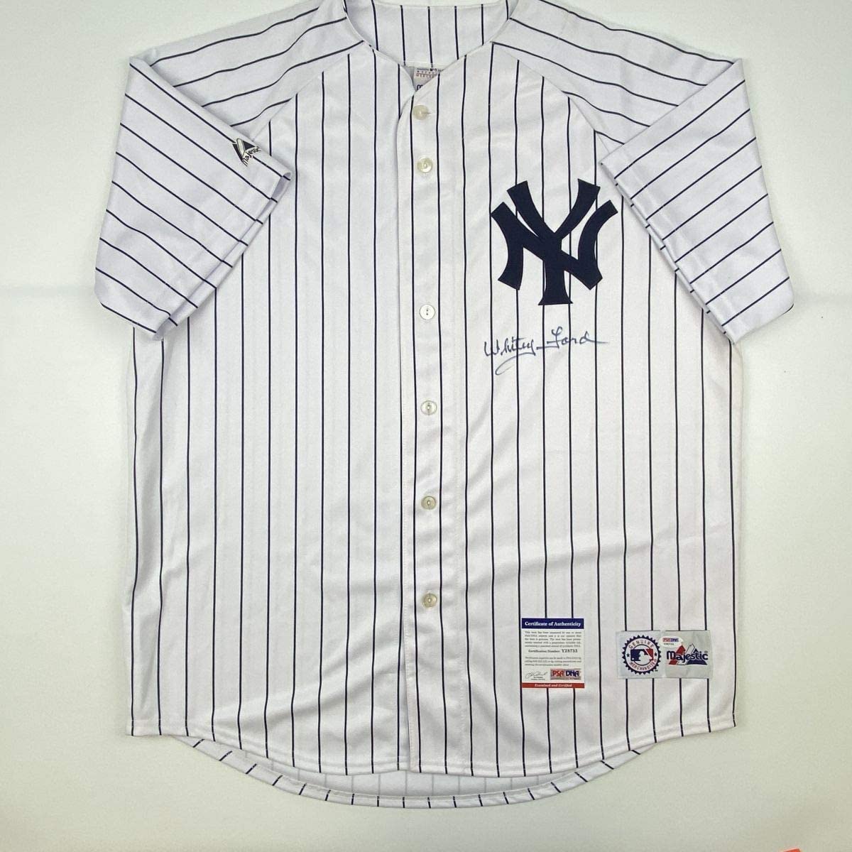 Autographed/Signed Whitey Ford New York Pinstripe Baseball Jersey PSA/DNA COA