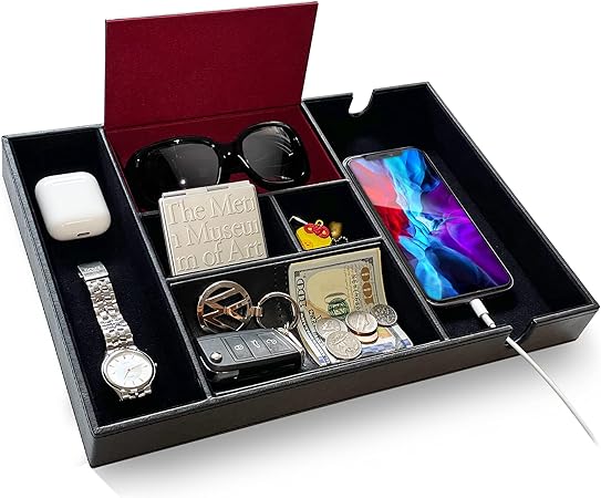 Nightstand Organizer Valet Tray - PU Leather Desktop Organizer for Men and Women, Catchall Tray with 6 Compartments, Jewelry Organizer for Keys, Wallet, Phone, Watch, EDC Tray
