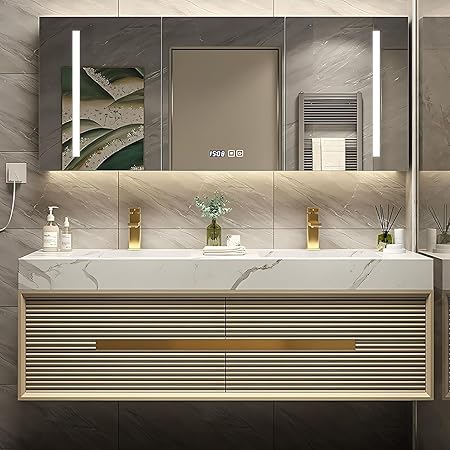 56IN Modern Bathroom Vanity with Double Sinks, Stone or Marble Top, Smart LED Defog Mirror, Gold Finish, Includes Solid Wood Cabinet and Brass Fixtures