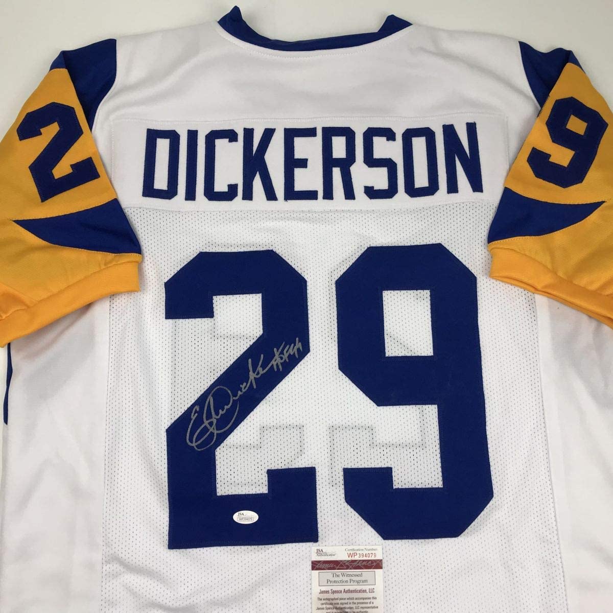 Autographed/Signed Eric Dickerson HOF 99 Los Angeles LA White Football Jersey JSA COA