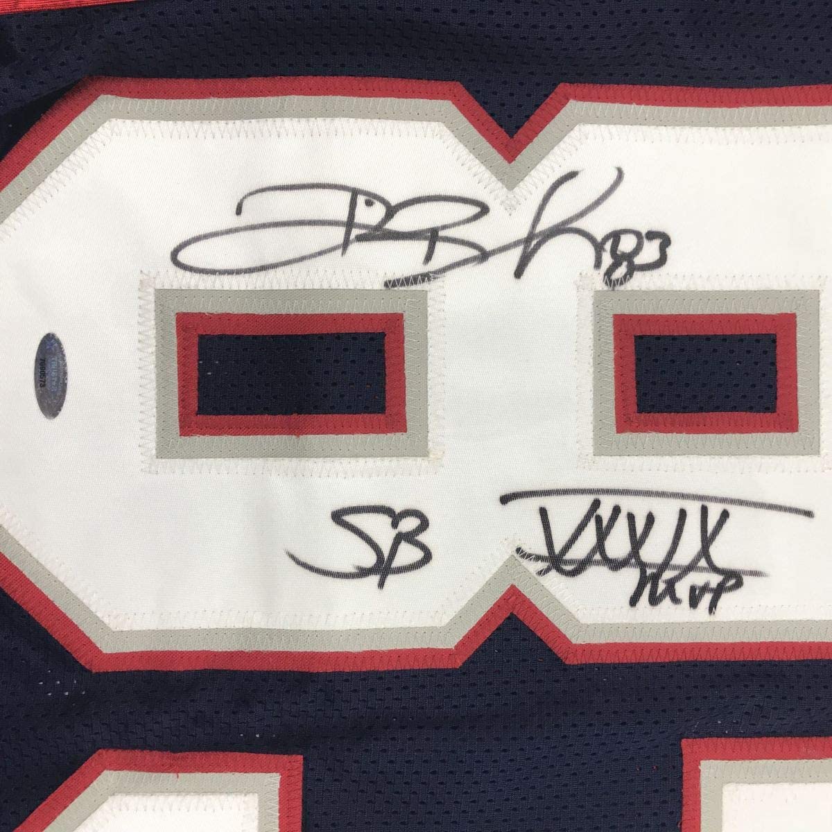 Autographed/Signed Deion Branch Super Bowl XXXIX MVP New England Blue Football Jersey Tristar COA