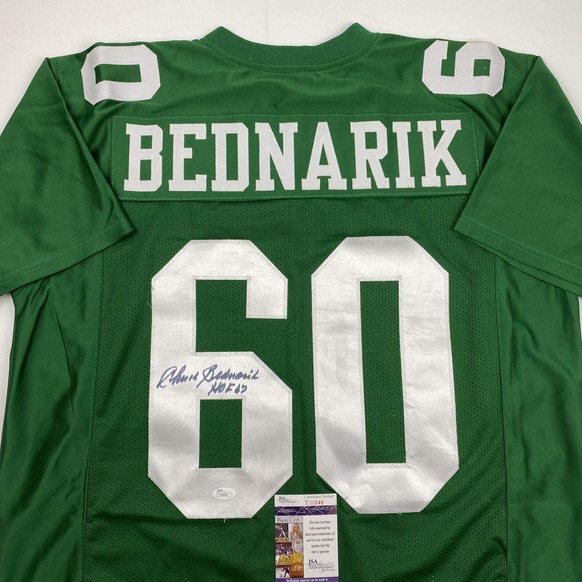 Autographed/Signed Chuck Bednarik HOF 67 Philadelphia Kelly Green Football Jersey JSA COA