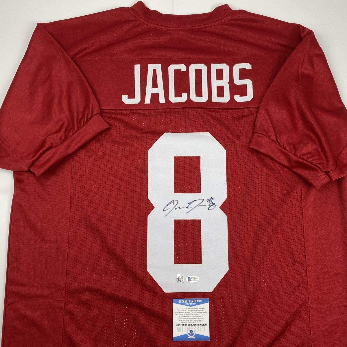 Autographed/Signed Josh Jacobs Alabama Red College Football Jersey Beckett BAS COA