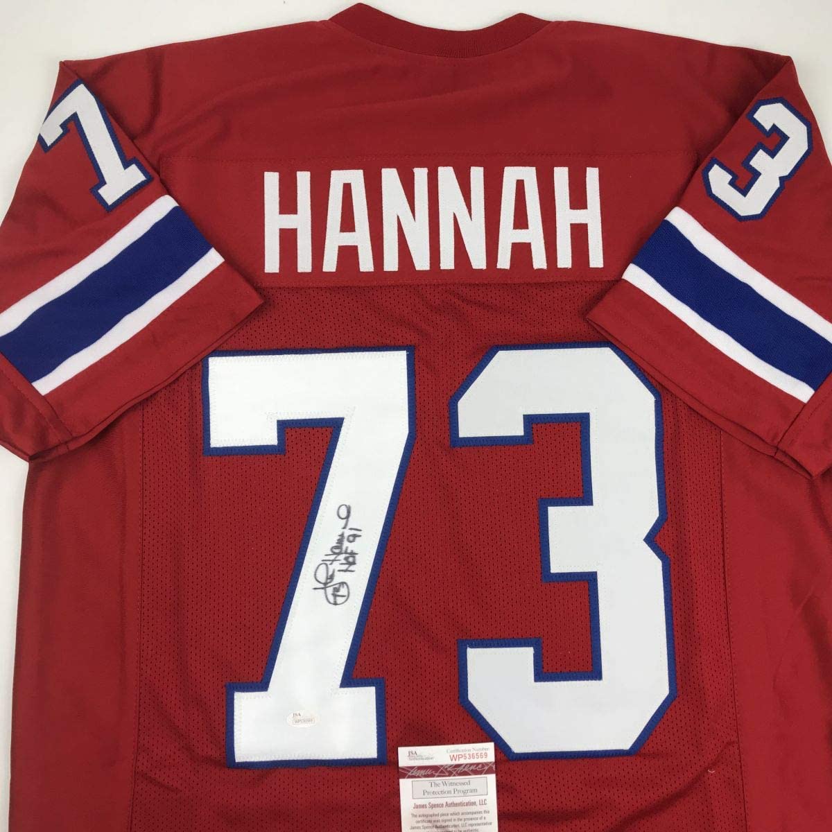 Autographed/Signed John Hannah HOF 91 New England Red Football Jersey JSA COA