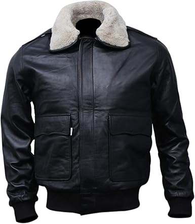 Mens A-2 Flight Bomber Leather Jacket Black | Aviator Air Force Brown Jackets for Men with Real Fur Collar