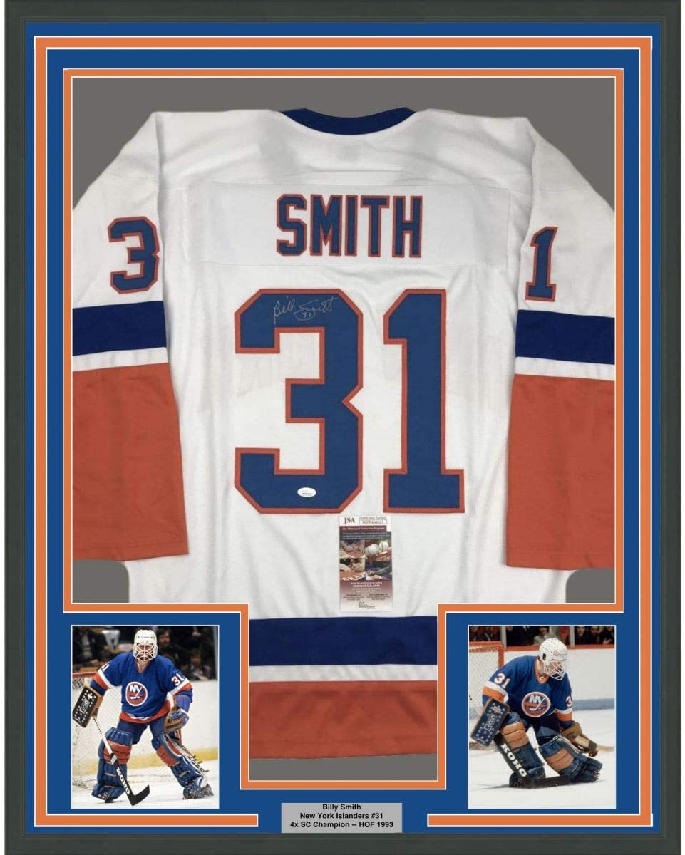 Framed Autographed/Signed Billy Smith 35x39 New York White Hockey Jersey JSA COA