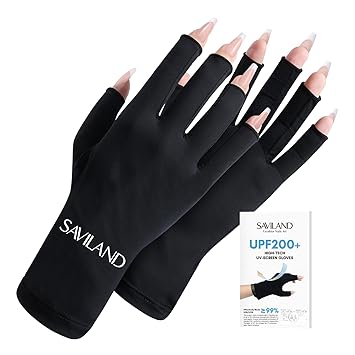 SAVILAND UV Gloves for Nails: Professional UPF200+ Fingerless UV Light Gloves for Gel Manicures Anti UVA & UVB 999+ Glove for Gel Nail Lamp (Black)