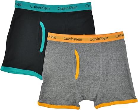 Calvin Klein Little/Big Boys' Assorted Boxer Briefs (Pack of 2), Grey/Black/Teal, 6/7
