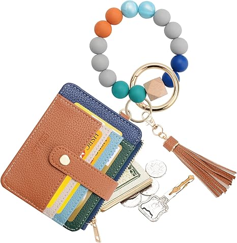 COOLANS Wristlet Bracelet Keychain Credit Card Holder Purse, RFID Blocking Zip Slim Wallet, Tassel Key Ring Wallet for Women