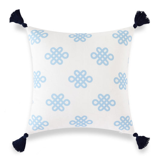 Coastal Patio Indoor Outdoor Pillow Cover ONLYBlue Greek Key Knot Tassel,18"x18"