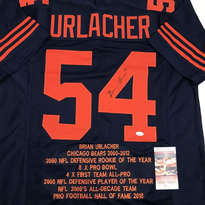 Autographed/Signed Brian Urlacher Chicago Retro Blue Stat Football Jersey JSA COA