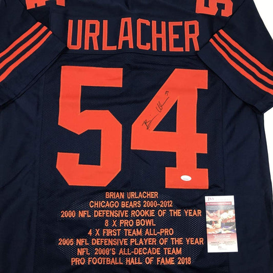 Autographed/Signed Brian Urlacher Chicago Retro Blue Stat Football Jersey JSA COA
