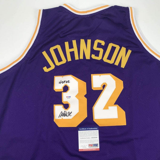 Autographed/Signed Earvin Magic Johnson HOF 02 Los Angeles LA Purple Basketball Jersey PSA/DNA COA