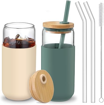 20oz Beer Can Shaped Glass Cups with Bamboo Lids, Straws, and Protective Sleeves - For Water, Tea, Iced Coffee