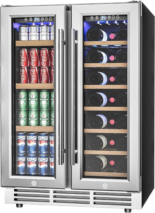 24" Wine and Beverage Refrigerator, Dual Zone Wine Cooler with Glass Door, Hold 88 Cans and 21 Bottles, Built in or Freestanding Under Counter Wine Fridge with Blue LED Light.