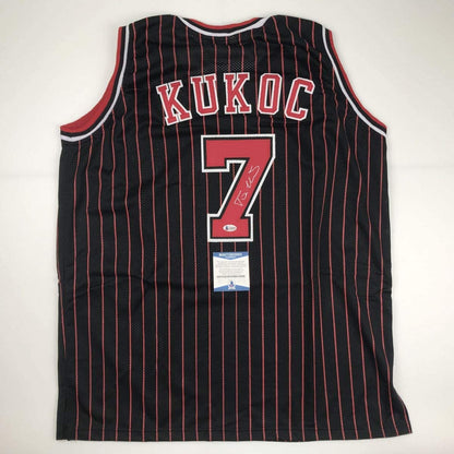Autographed/Signed Toni Kukoc Chicago Black Pinstripe Basketball Jersey Beckett BAS COA