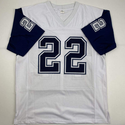 Autographed/Signed Emmitt Smith Dallas White Football Jersey GTSM COA Hologram Only