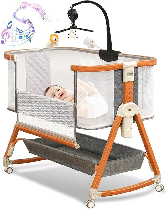3 in 1 Bassinet, Baby Bassinets Bedside Sleeper with Musical Toy, Adjustable Height Bedside Bassinet for Baby with Wheels and Storage Basket, 4-Sided Mesh Bedside Crib for Newborn 0-6 Months (Grey)