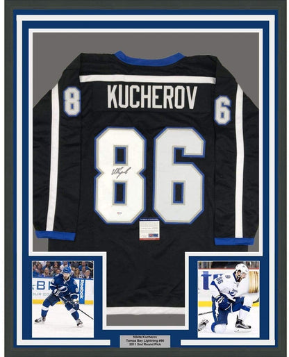 Framed Autographed/Signed Nikita Kucherov 35x39 Tampa Bay Black Retro Hockey Jersey PSA/DNA COA