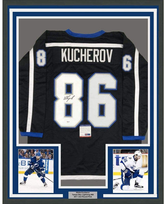 Framed Autographed/Signed Nikita Kucherov 35x39 Tampa Bay Black Retro Hockey Jersey PSA/DNA COA