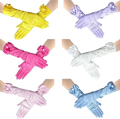 6 Pairs Little Girls Gloves, Satin Gloves for Princess Costume or Wedding, Formal Bows Glove for Age 3-8